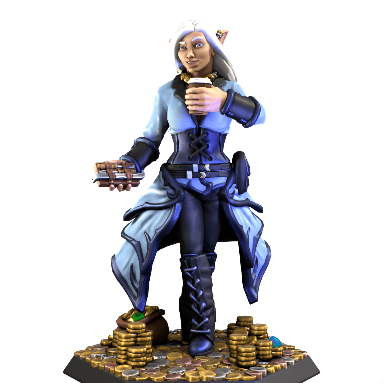 Elf strutting among piles of gold with a coffee in one hand and a cell phone in the other.