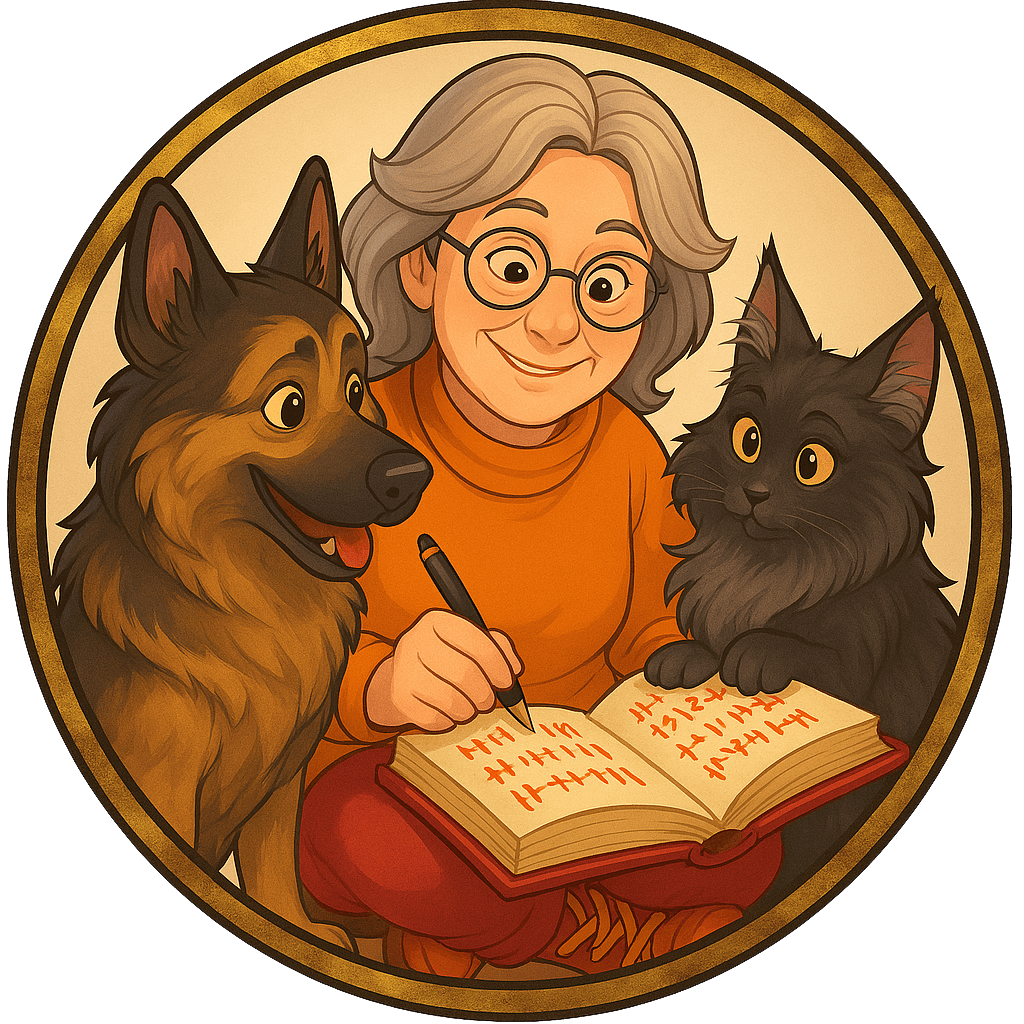 Anthropomophic canine writing in book while normal canine watches.