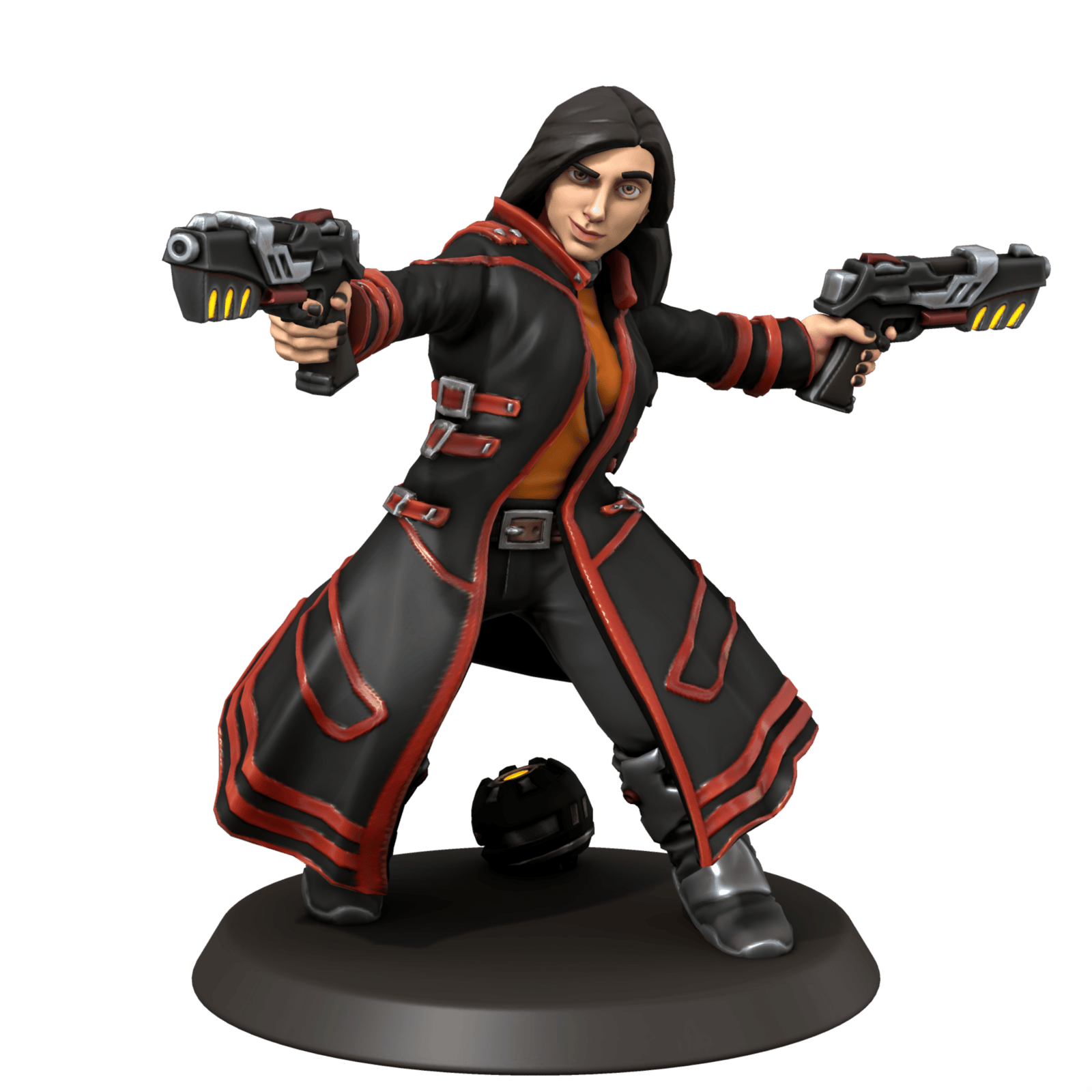 Woman with pistol in each hand and grenade between her feet.