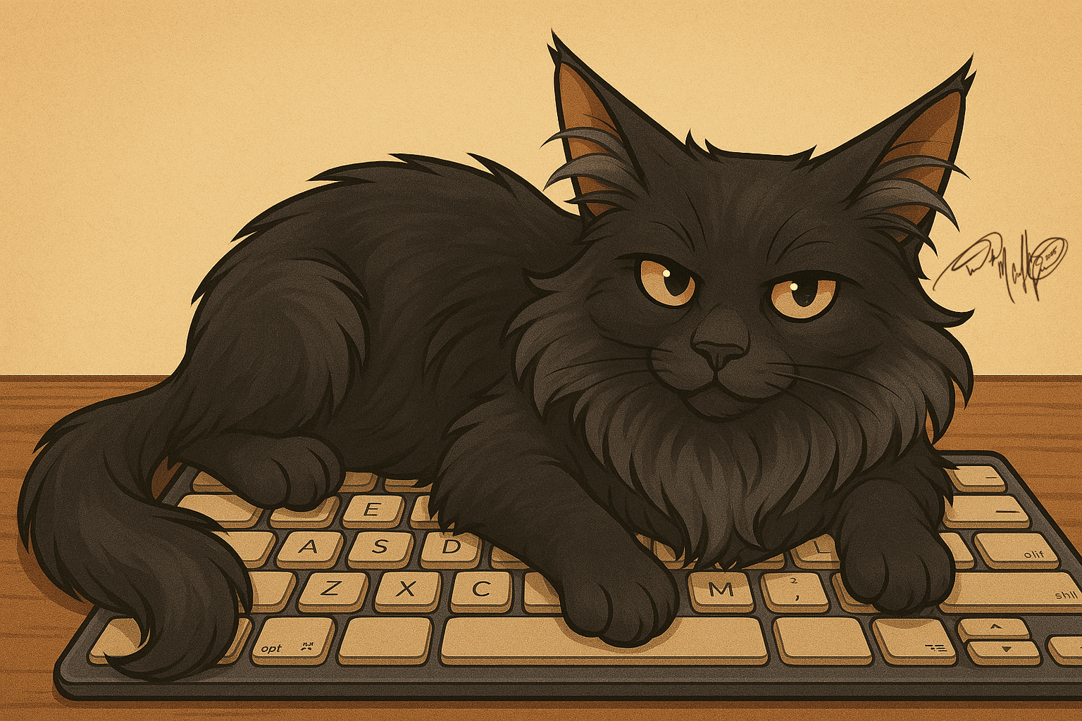 "A fluffy black smoke Maine Coon cat lounges confidently across a computer keyboard, staring directly at the viewer with a smug, unbothered expression. The cat's thick fur and piercing amber eyes exude arrogance and authority, as if daring anyone to move him."