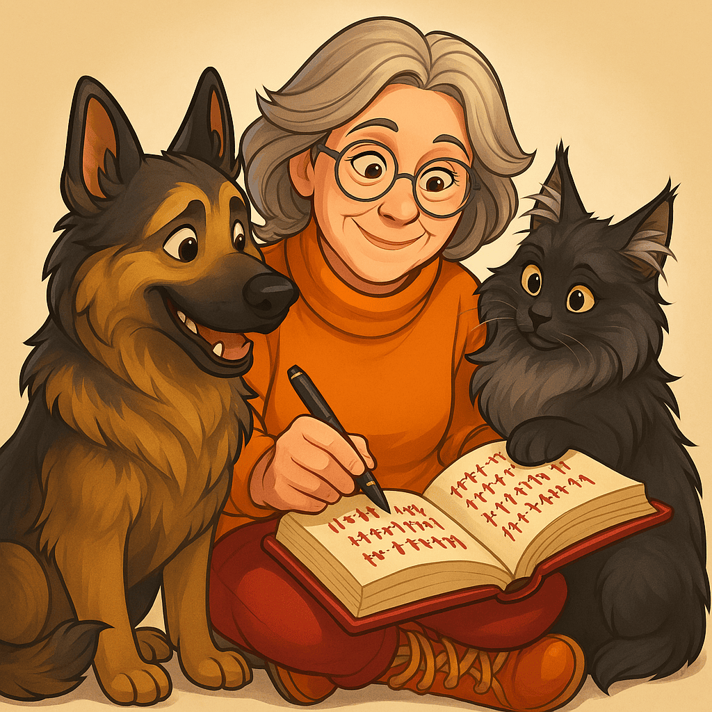 A cheerful older woman with glasses and gray hair sits cross-legged on the floor, writing in a book with a pen. A happy German Shepherd sits to her left, and a fluffy black smoke Maine Coon cat sits to her right with one paw resting on the open book. All three are looking at the pages together, as if collaborating on a story.